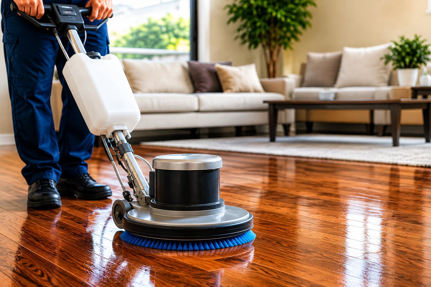 Superior One Services technician deep cleaning a hardwood floor with a professional floor machine